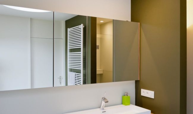 Illustratie of afbeelding op qualiglas.be van realisatie in glaswerk: renovatie van badkamer – glazen douchedeur, glazen wanden en spiegels plaatsen.