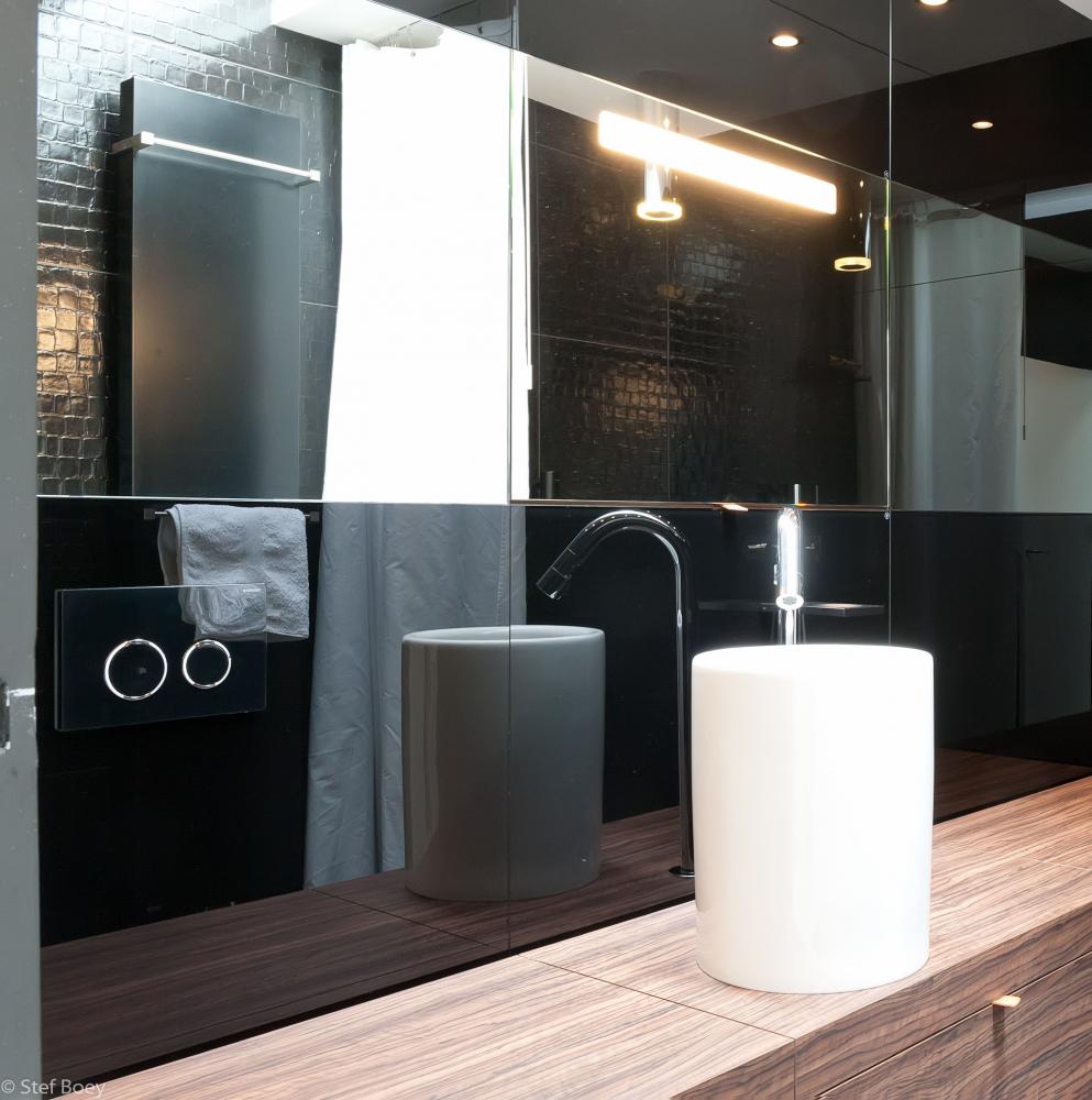 Illustratie of afbeelding op qualiglas.be van realisatie in glaswerk: renovatie van badkamer – spiegels plaatsen.